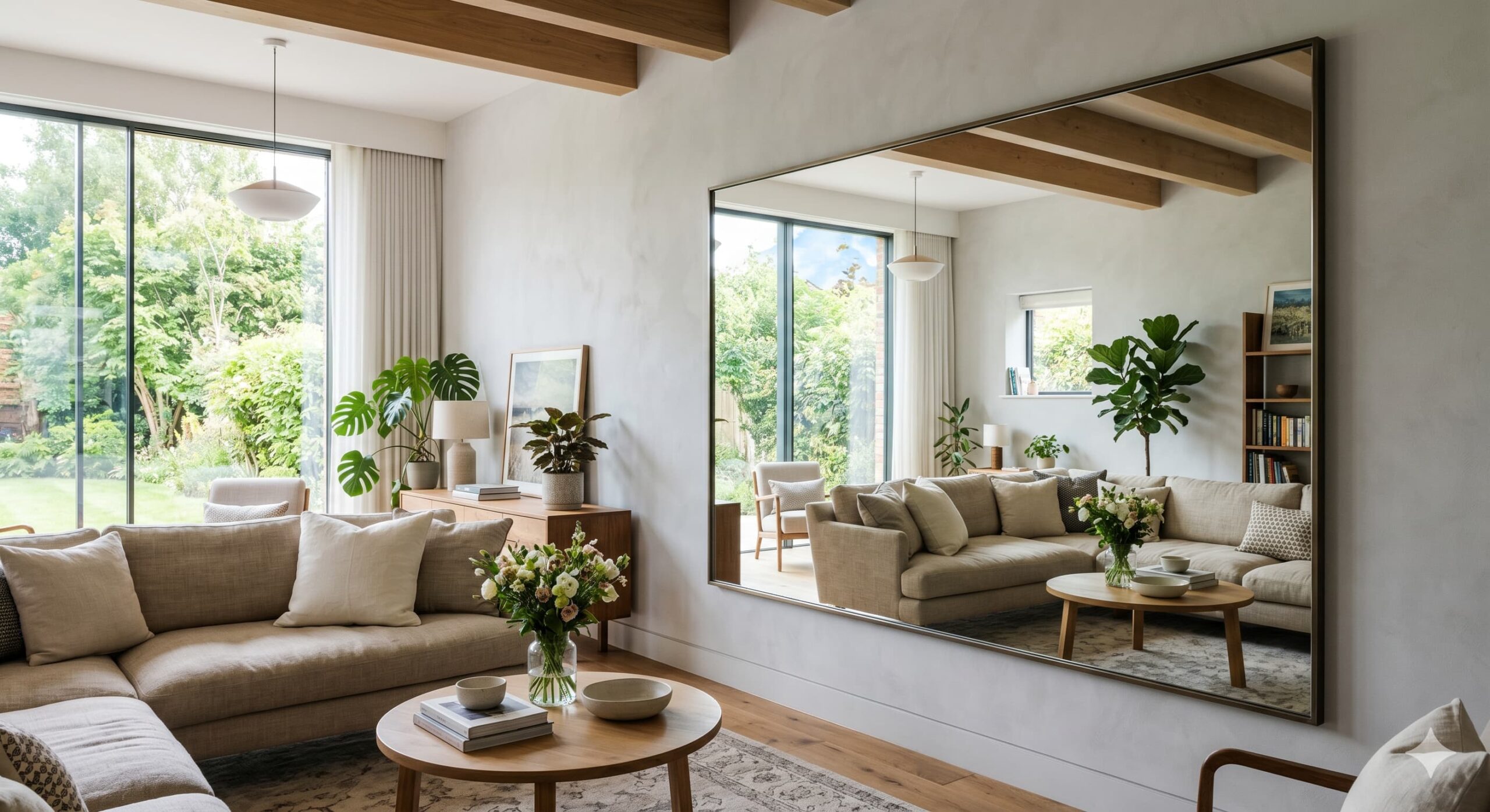 Großer Wandspiegel im Wohnzimmer, der den Raum optisch vergrößert und Licht reflektiert